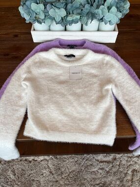 NWT Forever 21 Fuzzy Crewneck Sweaters in Lilac and White (2 Sweaters Total)